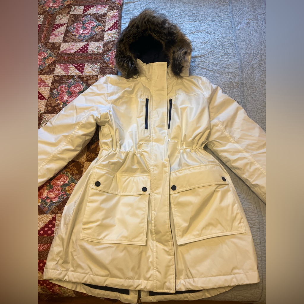 Nwt!! Lands' End Women's Cream Jacket With Faux Fur Hood